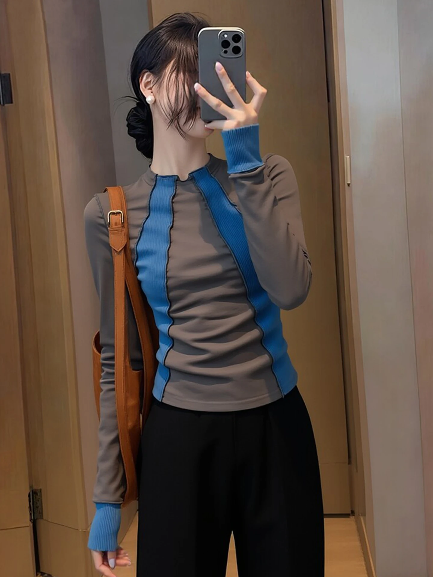 

Весенняя модная женская футболка с длинным рукавом, приталенная, с цветными блоками, дизайнерский топ в корейском стиле