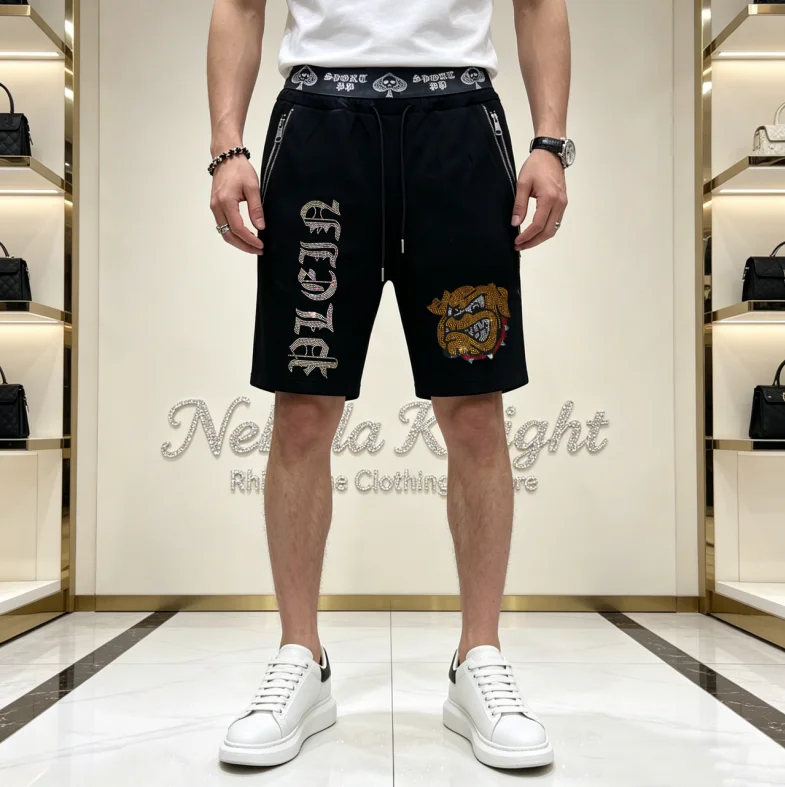 Men Summer Casual Rhinestone Sweat Shorts Elastic Waist Zipper Pocket Streetwear Beach Sports Shorts