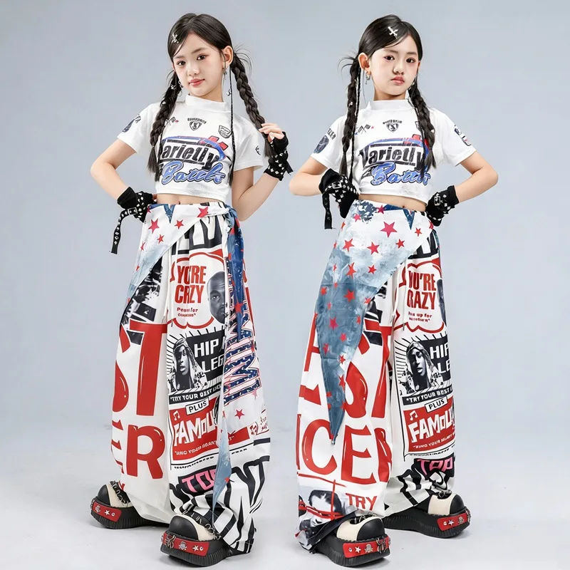 Girls Hip Hop Letters Crop Top Graffiti Joggers Pants Kids K-pop Street Dance Clothes Set Children Girl Group Streetwear Costume
