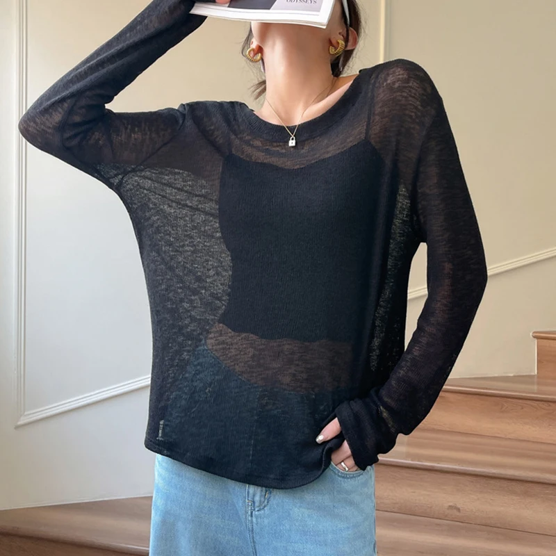 Summer Thin Long Sleeve T Shirts for Women All Match Round Neck Air-conditioned Shirt Woman 2024 Solid Color Casual Tee Tops