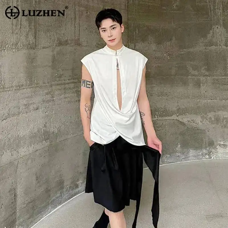 LUZHEN 2026 Summer Solid Color Hollow Out Stand Neck Sleeveless Shirts Men's Fashion Handsome Elegant Casual Male Clothes JY6961