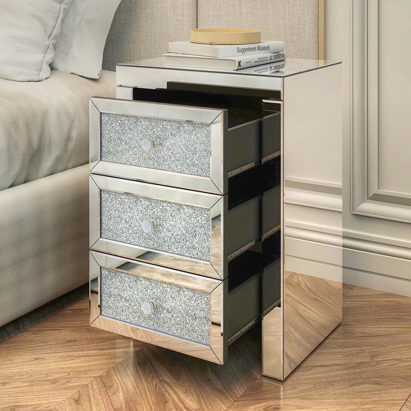 Light luxury mirror bedside table Drilled surface decoration Three pumping cabinet Bedroom glass furniture