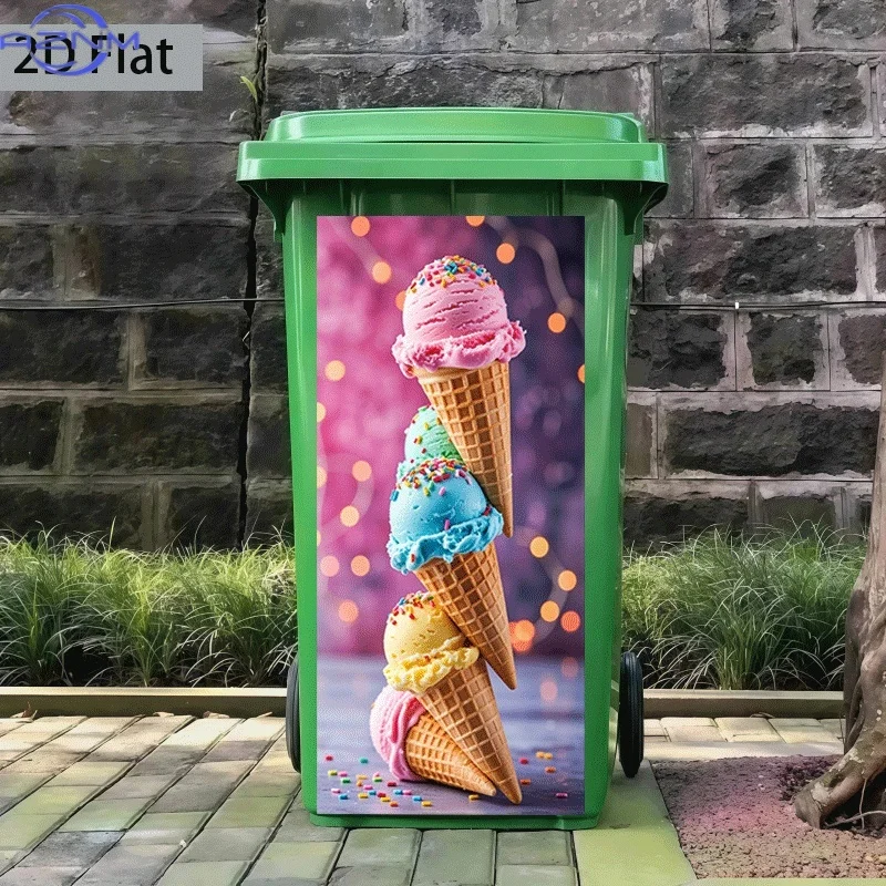 of 2D Flat Printed Sticker for a Trash Can, Measuring  Featuring a Colorful Stacked Ice Cream Cone Design. This Self-Adhesive