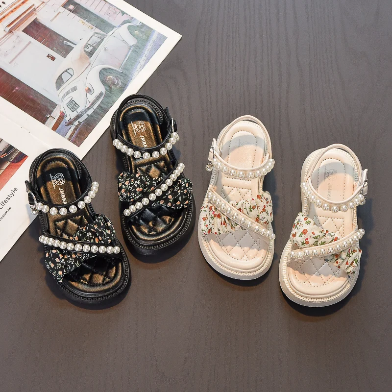 Girls Princess Sandals Children Cross Pearls Sandals Summer Fashion Little Kids Beach Shoes Anti-Slippery Soft Sole Size 26-37