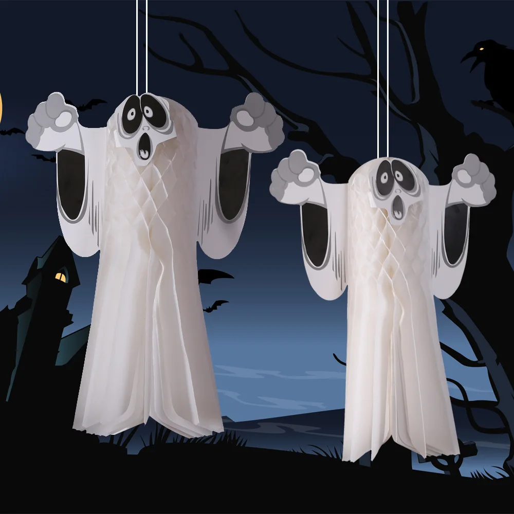 2Pcs Halloween Decorations White Horror Ghost Honeycomb Paper Lantern Ghost Hanging Ornaments for Halloween Party Outdoor Decor