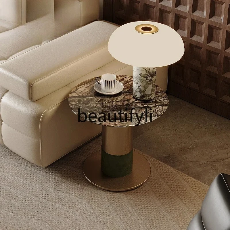 Modern light luxury purple landscape natural marble sofa edge few round luxury stone small coffee table