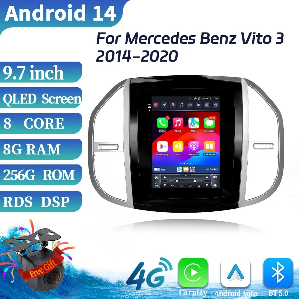 

9.7inch For Mercedes Benz Vito 3 2014-2020 Car Radio 4G Wireless Bluetooth Carplay Android 14 Multimedia Navigation Touch Screen