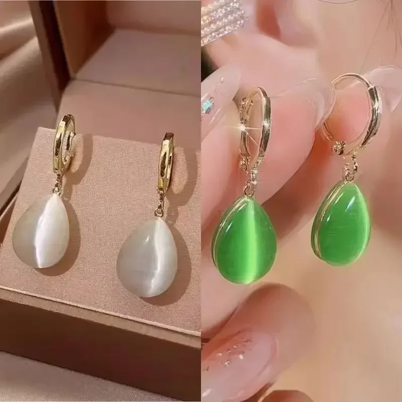 Green Water Drop Double-sided Opal Earrings 2023 New Simple Ear Buckles, Niche Design Light Luxury Earrings Mother's Day Gift