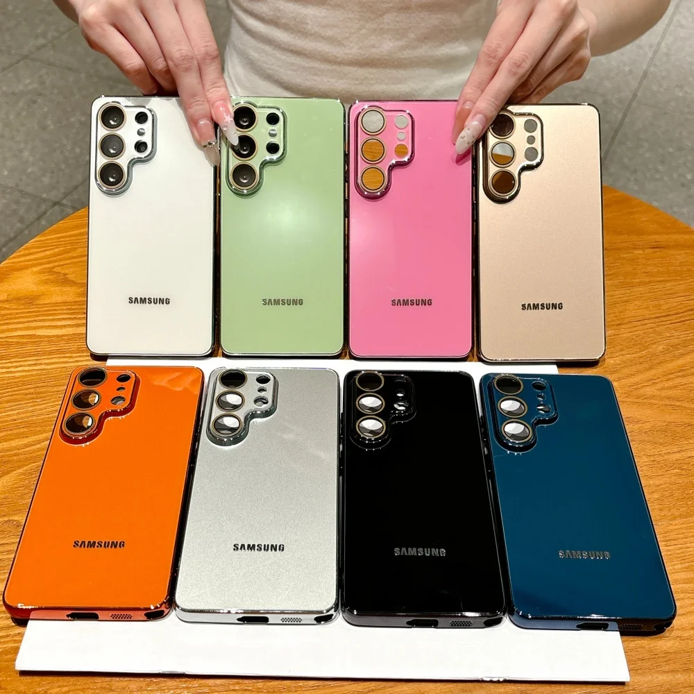 Luxury Solid Color Glass Phone Case For Samsung S26 S25 Ultra S24 FE S23Ultra Plating TPU Bumper Frame Lens Protection Cover