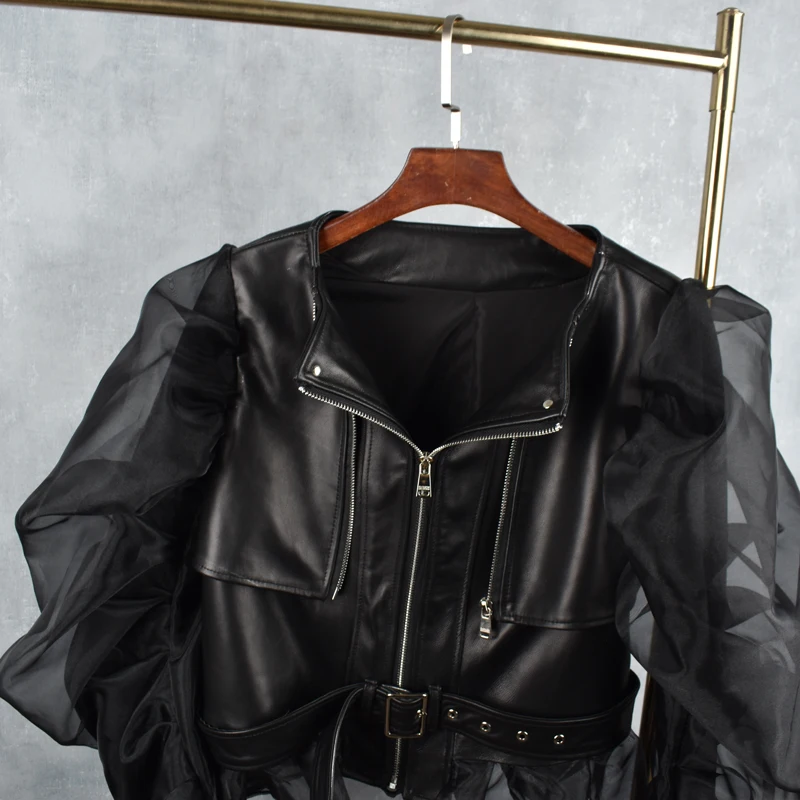 Short Genuine Real Leather Jacket Women Fashion Patchwork Organza Puff Sleeves Sheepskin Leather Coats Female Outwear Y3073