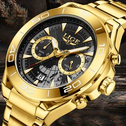 LIGE Men's Watches Top Brand Luxury Original Waterproof Quartz Watch for Man Gold Style 24 Hour Day Night Luminous Chronograph