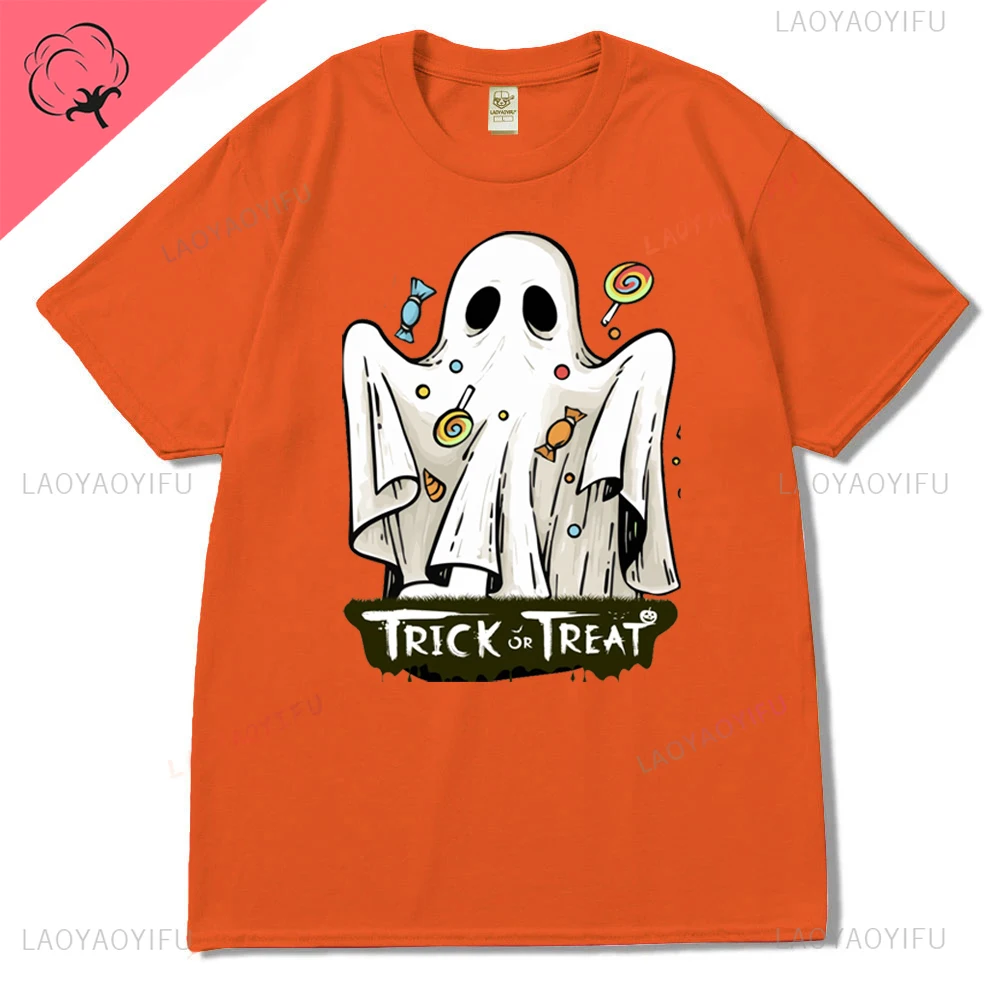 Trick or Treat Hallowmas Ghost Skull Pumpkin Lamp Graphics Cotton T Shirt Streetwear Short Sleeve Tshirt Hipster Women Tees