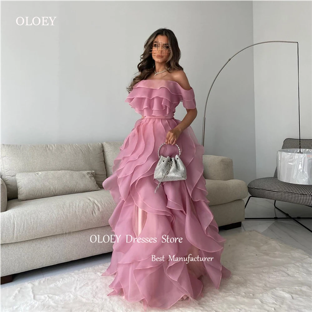 

OLOEY Elegant Dusty Pink Red Evening Dresses Saudi Arabic Women Organza off the Shoulder Ruffles Prom Gowns Occasion Party