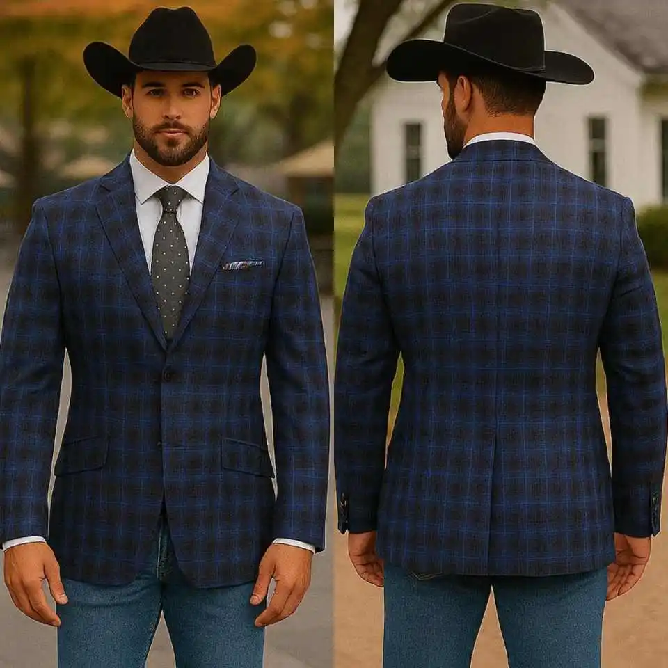 Classic Navy Plaid Single Breasted Notch Lapel Men's Western Blazer with Pocket Square Cowboy Country Jacket Custom Made M264400