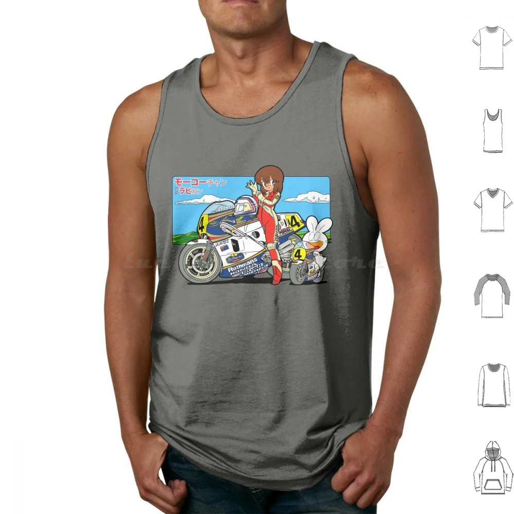 Mokochan And Rabbikun On Sportbikes-With Background. Tank Tops Print Cotton Mokochan Anime Tamiya Motorbike