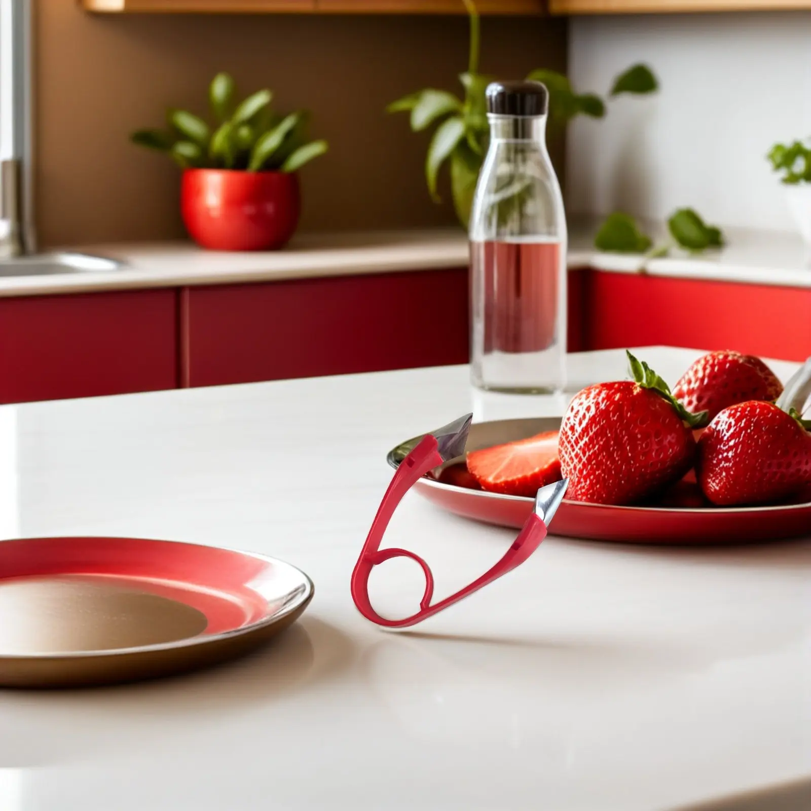 Stainless Steel Strawberry Huller Red Color Stem Remover Kitchen Tool Tomato Cherry Core Remover Fruit Corer Strawberry Corer