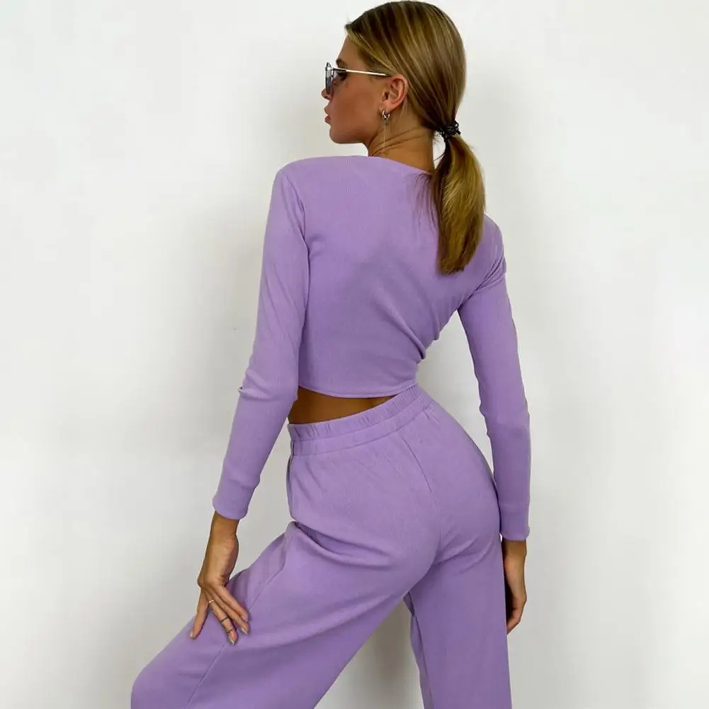 Cotton Polyester Lounge Wear Stylish Women's Lounge Set with Cropped Pullover Top Wide Leg Pants for Fall Casual for Streetwear
