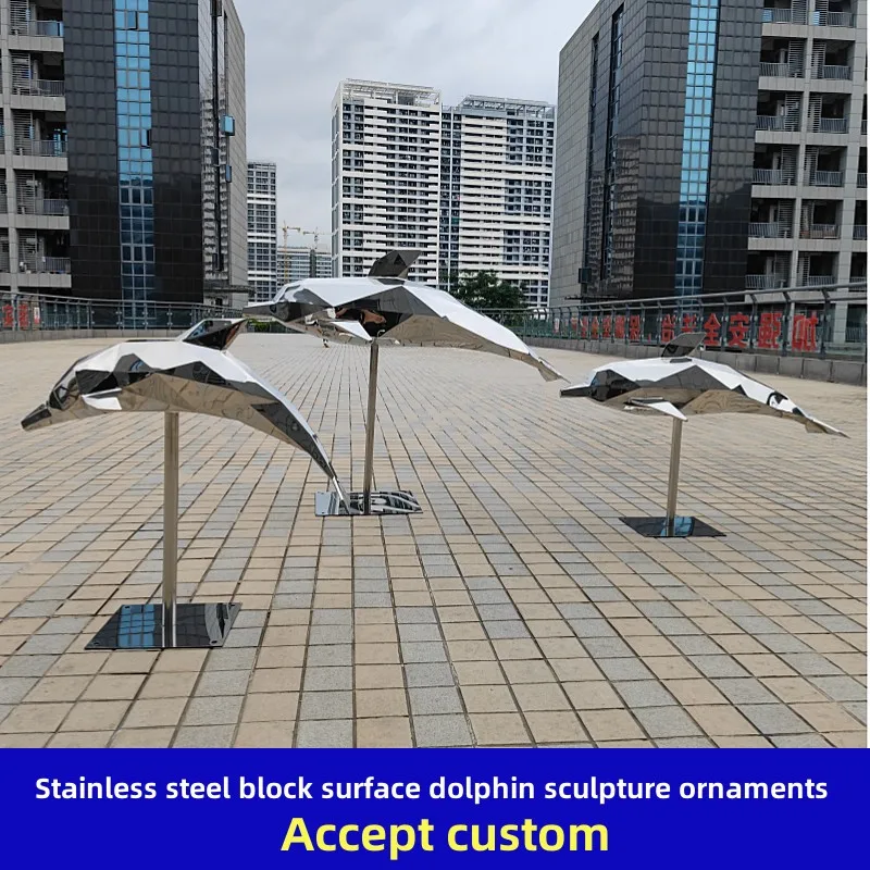 Stainless Steel Geometric Dolphins Decoration, Park Landscape, Lawn, Courtyard, Office, Home, Waterscape