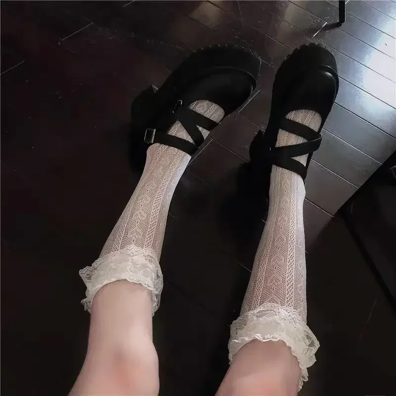 Calcetines largos con estampado de flores de encaje para mujer, lencería Sexy, malla de rejilla, calcetín Alto hasta la rodilla, medias de pantorrilla transparentes finas, Lolita Kawaii, Verano