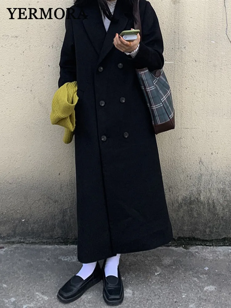

YERMORA Women Black Double Breasted Woolen Coat Lapel Long Sleeve Loose New Overcoat Fashion Tide Spring Autumn Winter 2025
