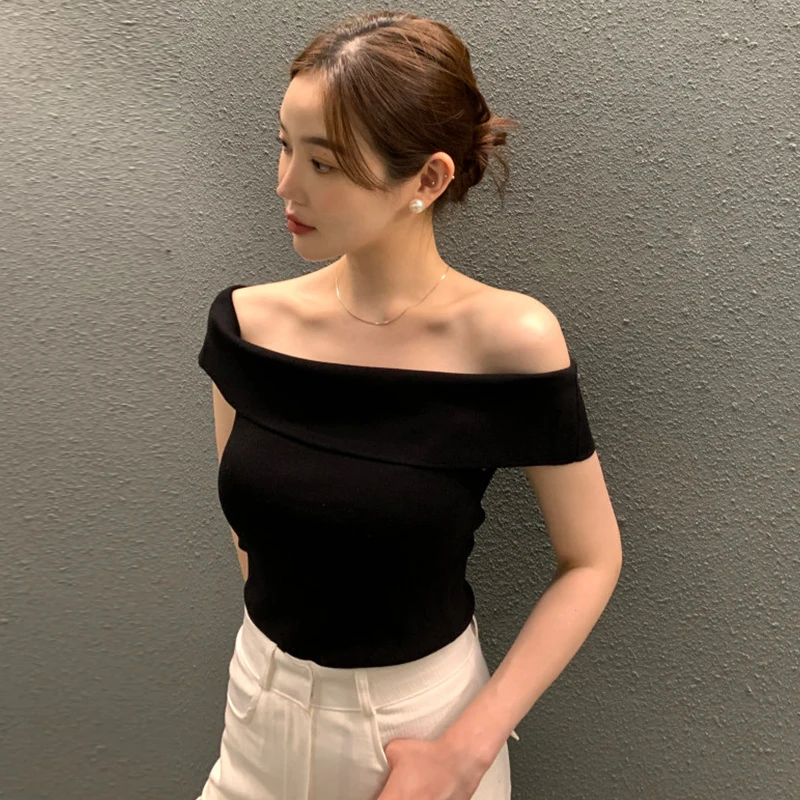 Summer Fashion Stripe Knitted T-shirt Women Sexy Off Shoulder Short Sleeve Slim Top