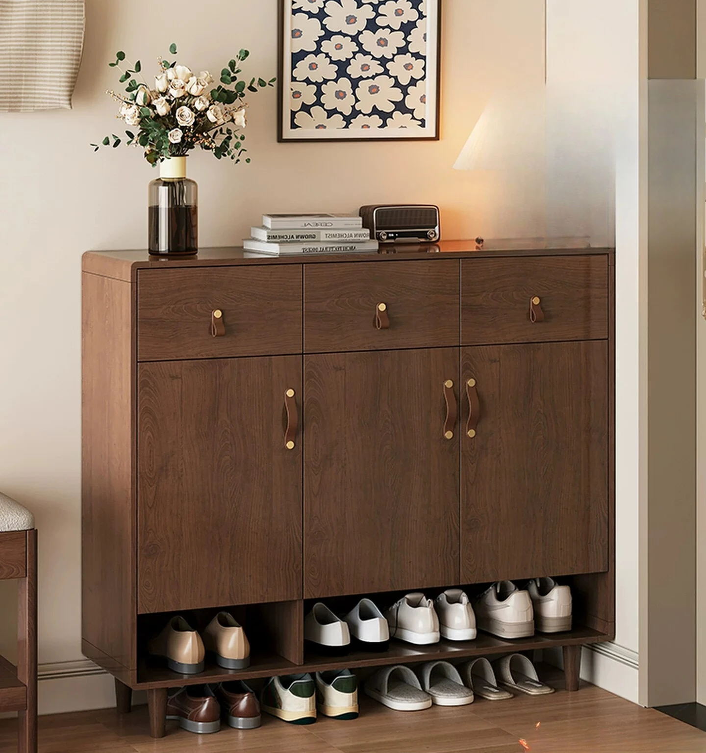 

PYJ solid wood new integrated wall household door high-end sense medium and ancient style home shoe cabinet