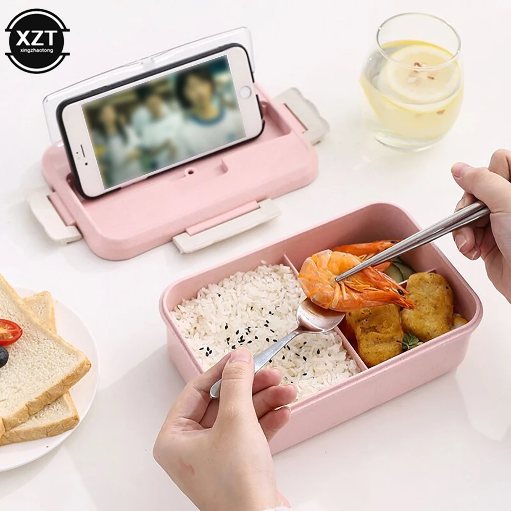 3Grid Microwave Lunch Box Wheat Straw Dinnerware Food Storage Container Children Kids School Office Bento Box Portable Lunch Bag