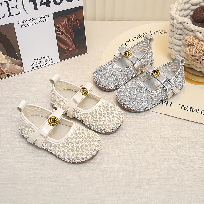 

Toddler Little Girls Mary Jane Shoes Breathable Mesh Ballet Flats Gold Flower Buckle Non-slip Soft Sole Casual Dress Shoe Summer