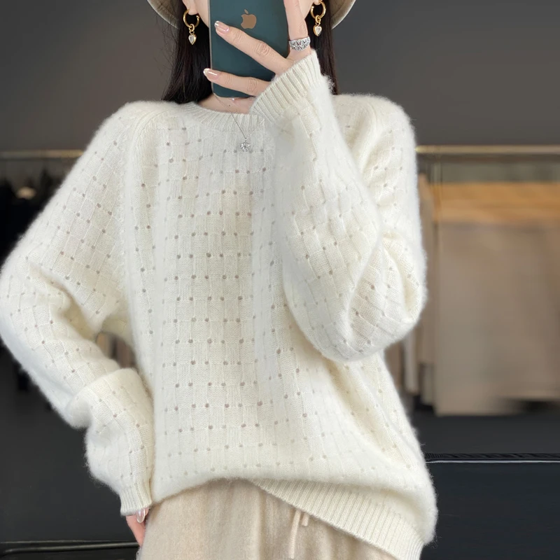 Spring Autumn Sweater Women's Pullover 100% Merino Wool Sweater O-Neck Clothing Jacquard Daily Fashion Inside Join Cut Out Knit