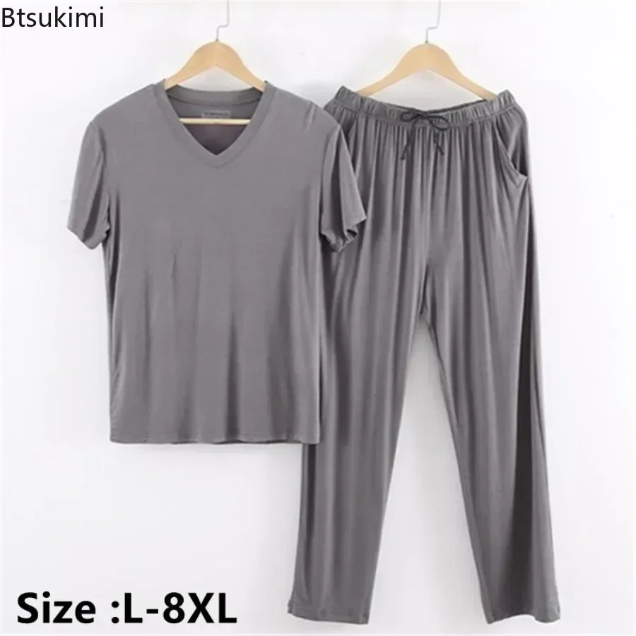 New 2024 Men\'s Casual Pajamas Sets Oversized Modal Short Sleeve and Pants Sets Male Sleepwear Soft Loose Home Clothes for Men