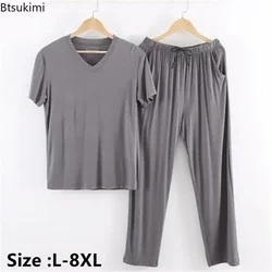 New 2024 Men's Casual Pajamas Sets Oversized Modal Short Sleeve and Pants Sets Male Sleepwear Soft Loose Home Clothes for Men