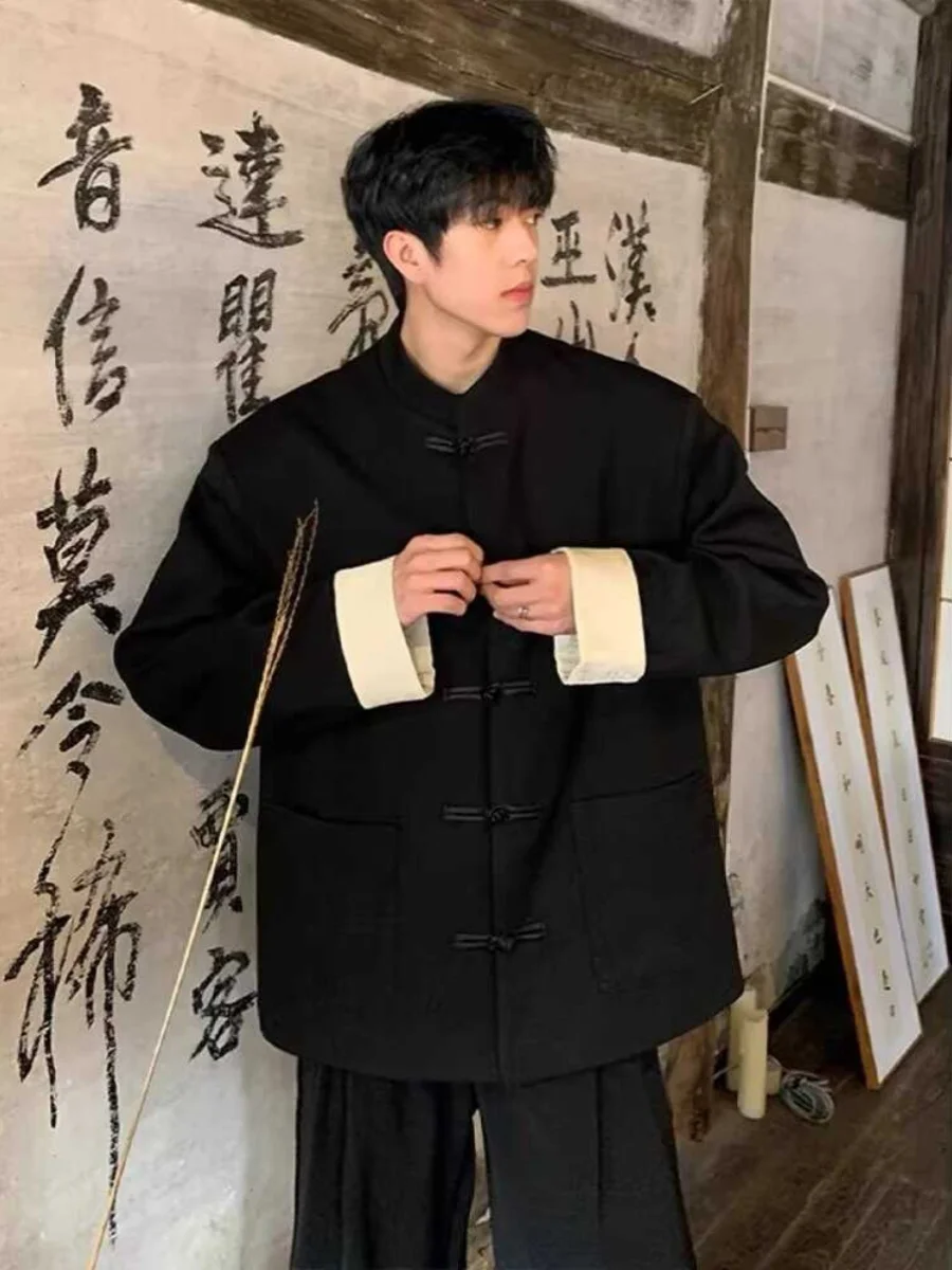 

Bla Casual Jaet for Men Retro Chinese Sle Turn-down Collar Button-up Design Loose Fit Youth ular All-season Outerwear