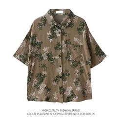 Summer New Japanese Vintage Blouse Loose Grunge Style Flower Print Shirt Men Women Short Sleeve Elegant Full Printing Shirt Top