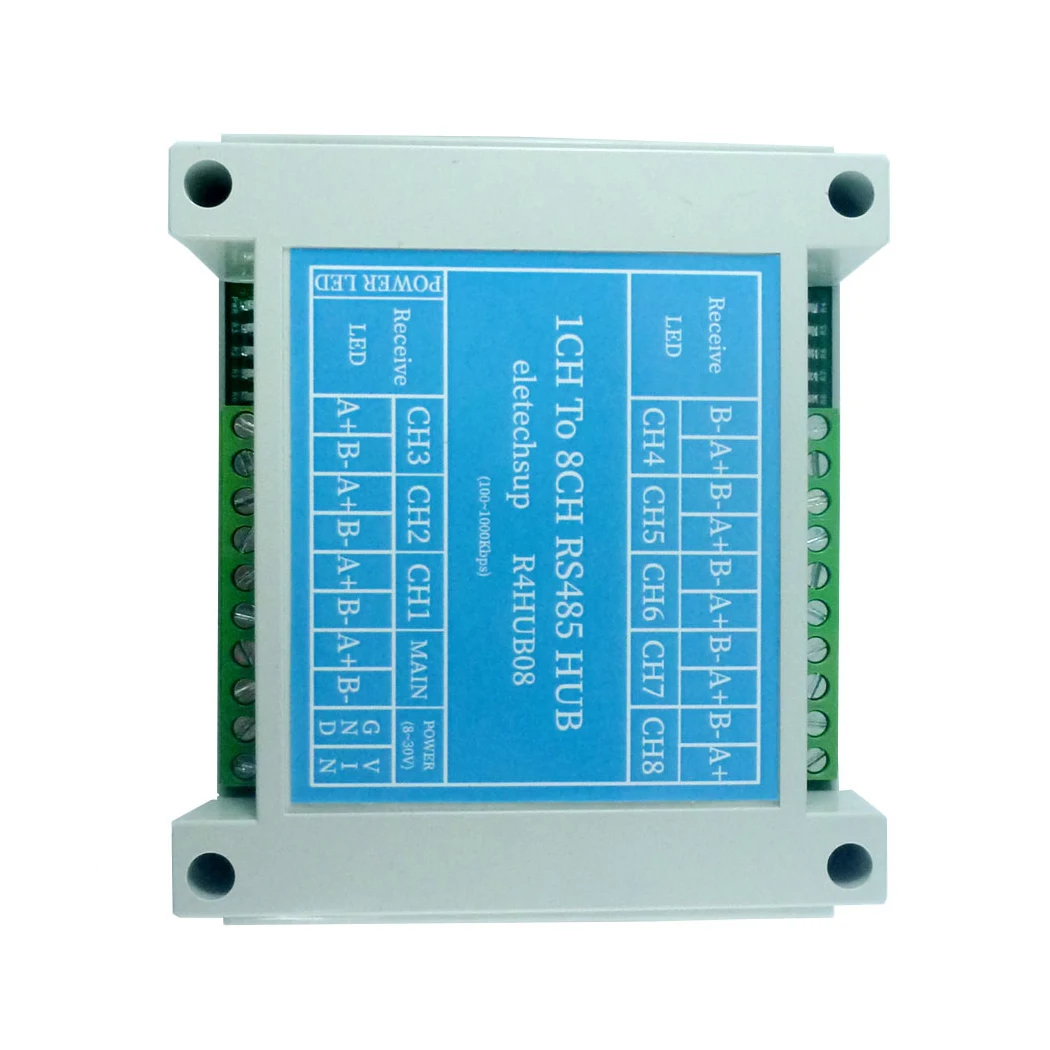 

DC8~30V 8 Port RS485 Hub Repeater Serial Port Signal Amplifier 100-1000Kbps for PLC PTZ Security Monitoring with Power Indicator