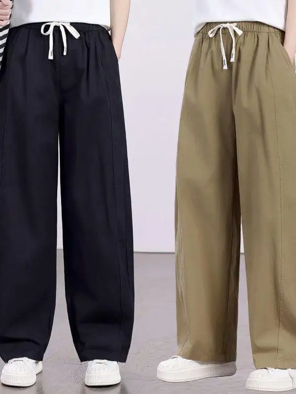 

High Waist Loose Harlan Pants Thin Pure Color Casual Trousers for Mom Asymmetrical Elastic Waistband Summer New Style