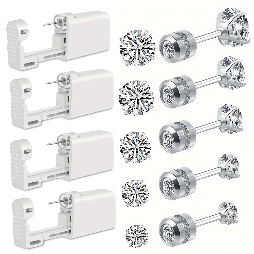 4pcs Disposable Self Ear Piercing Gun & 5pcs Elegant Small Multisize Cubic Zirconia Stud Earrings Set Ear Piercing Jewelry Kit