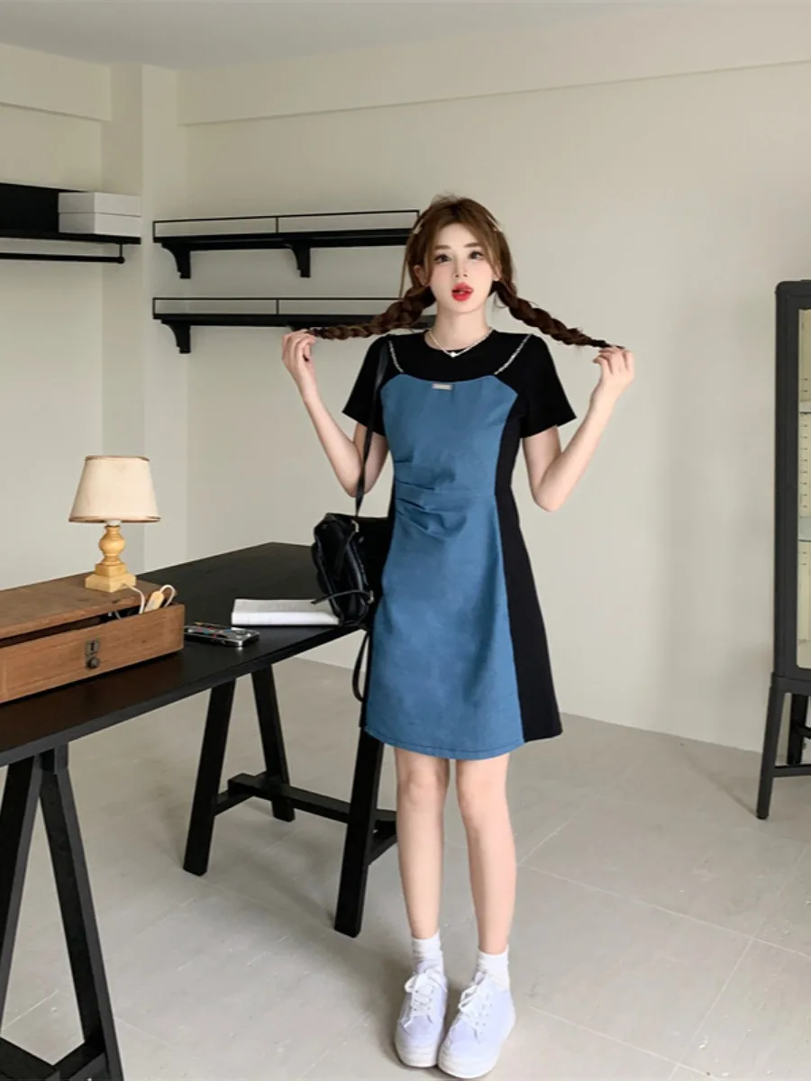 레트로 플러스 사이즈 임부복 여름 신상 하이웨이스트 슬림 스플라이스 스플릿 데님 스커트 배 가리기 A라인 드레스 한국 스타일