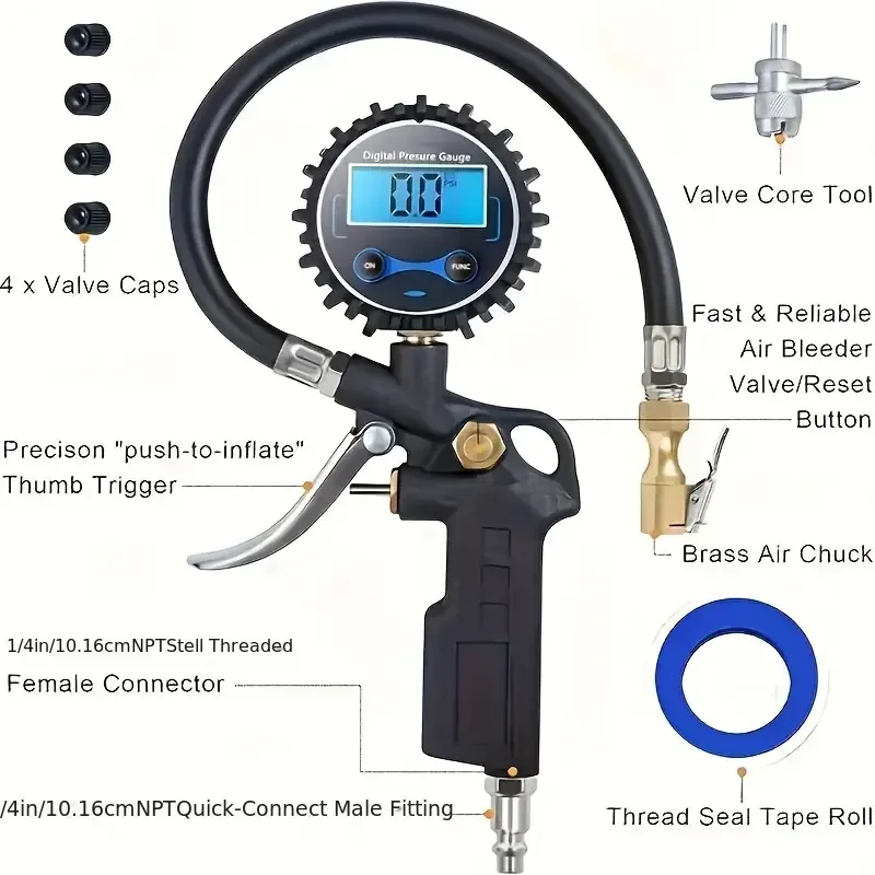 Digital Tire Pressure Gauge with Inflator, 250 PSI Air Chuck & Compressor Accessories Heavy Duty with Quick Connect Coupler, 0.1 Display Resolution