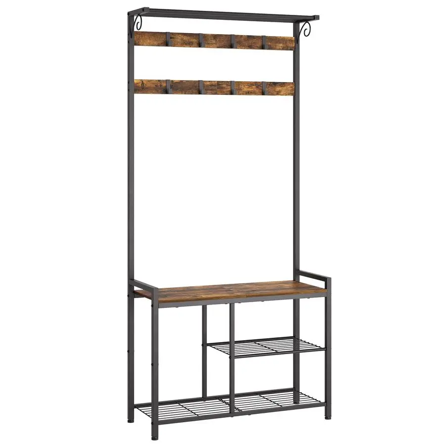 

Coat Rack Shoe Bench, 4in1 Hall Tree with Storage Shelves and Hanging Rod, Entryway Storage Organizer with 8 Movable Hooks, for