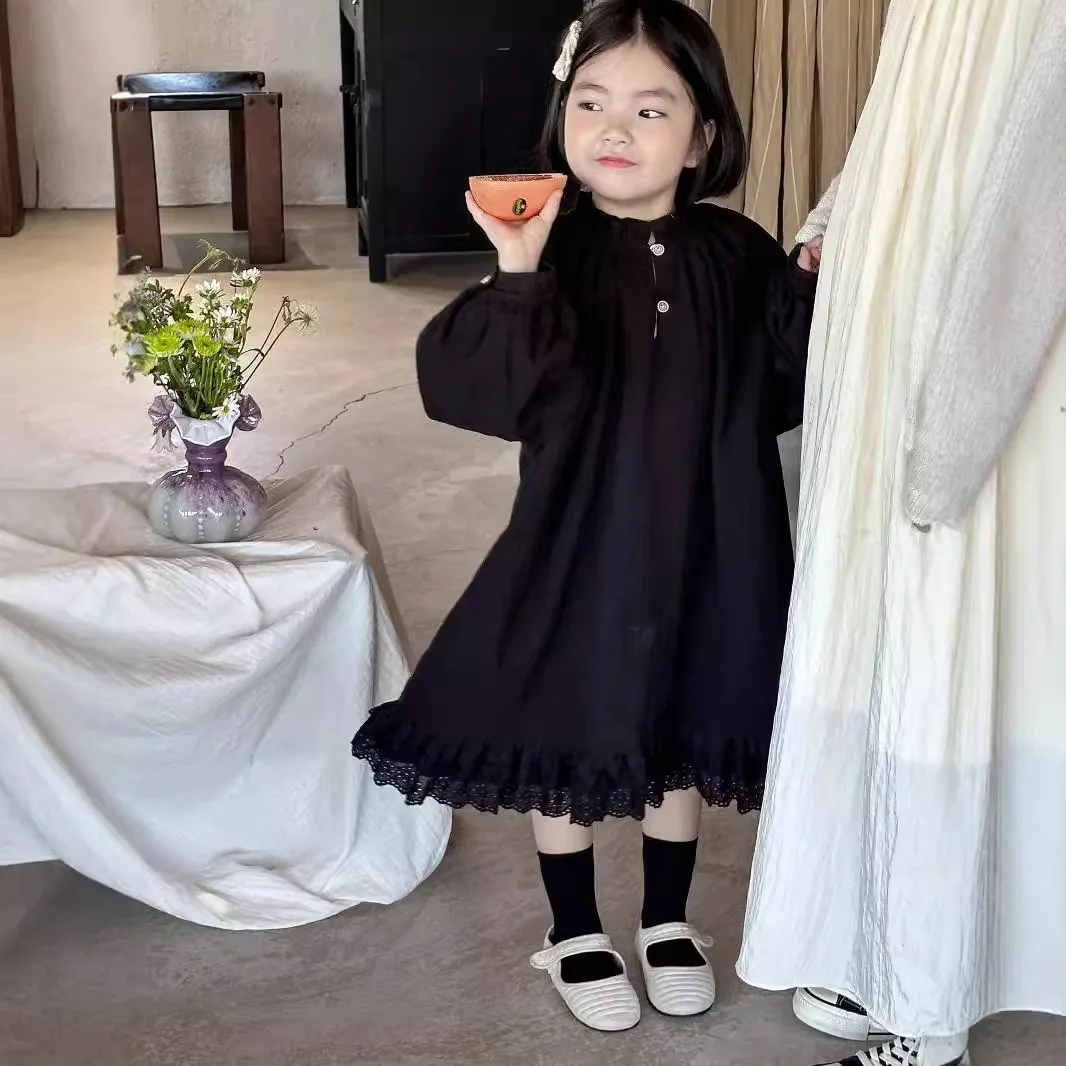 Children Skirt 2024 Autumn New Product Korean Children Clothing Korean Vintage Loose Long Sleeve Lace Edge Black Girls Dress