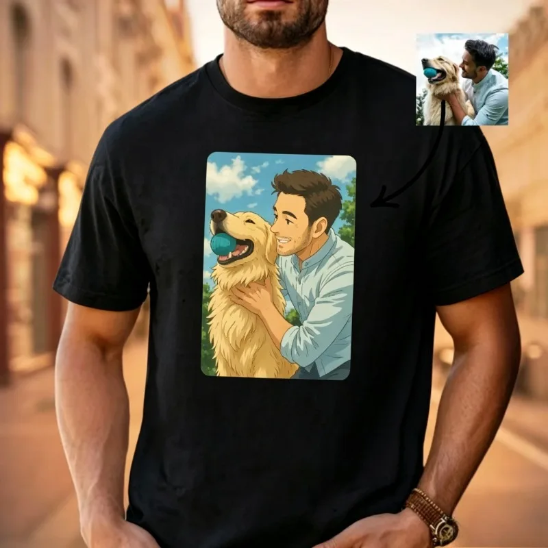 Custom Photo Cartoon Pet Portrait T-Shirt Personalized Man And Dog Cartoon Tee Gift For Dog Lovers Pet Owner Cotton Short Shirt