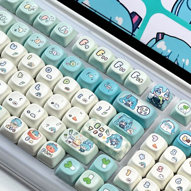 Cute Miku Themed Keycap Set MOA Shape PBT Material Dye-sublimation MX Switch Fit 40%-108% Customized Mechanical Keyboard Keycaps