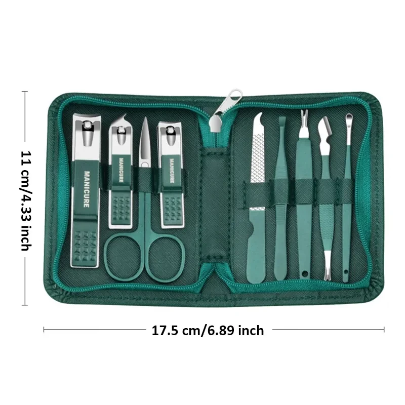 Juego de manicura verde de 9 Uds con Funda de cuero, kits de herramientas profesionales para el cuidado de los pies y la cara, cortaúñas de acero inoxidable, regalo