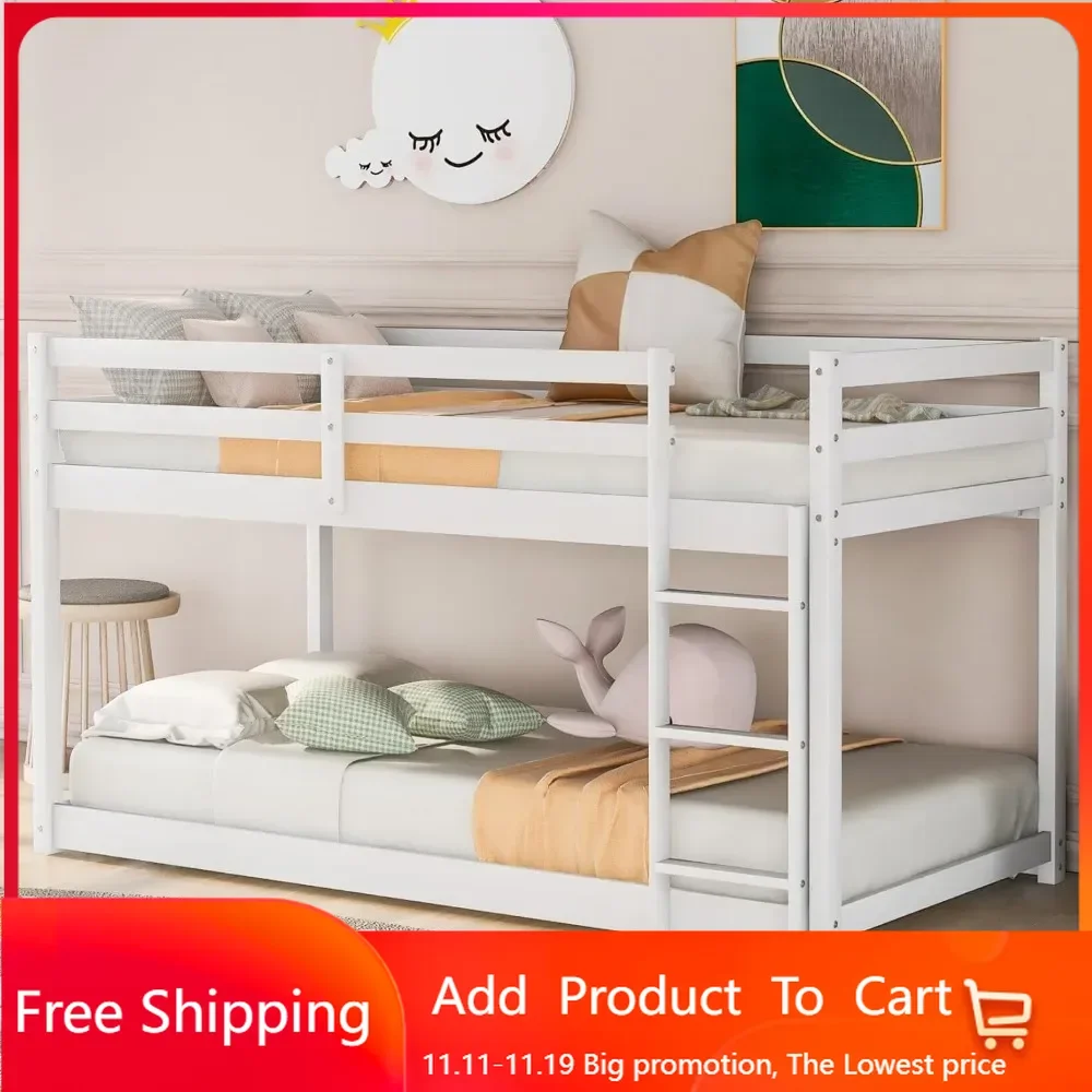 

Twin Over Twin Low Wood Bunk Bed for Child, Floor Bunk Beds Frame with Ladder & Full-Length Guardrail for Dormitory and Bedroom