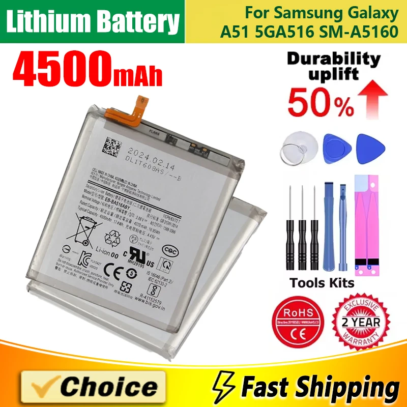 

4500mAh Brand New Replacement Phone Lithium Battery+Tool For Samsung Galaxy A51 5G A516 SM-A5160 SM-A516F/DSN//N EB-BA516ABY