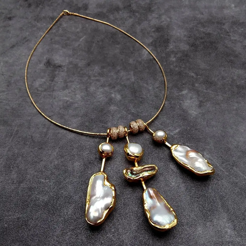 YYGEM 20x35mm Cultured Biwa Pearl Sea Shell Pearl Choker Charm Gold Plated Necklace Jewelry For Women