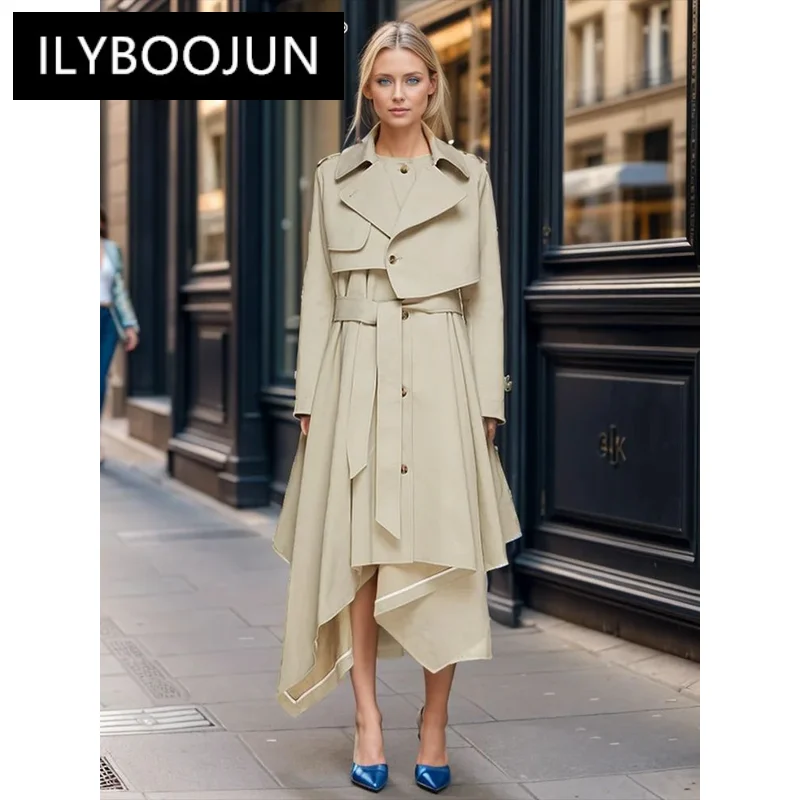 Casual Designer Trench For Women Lapel High Wiast Spliced Belt Asymmetrical Hem Coat Female Luxury Brand Quality