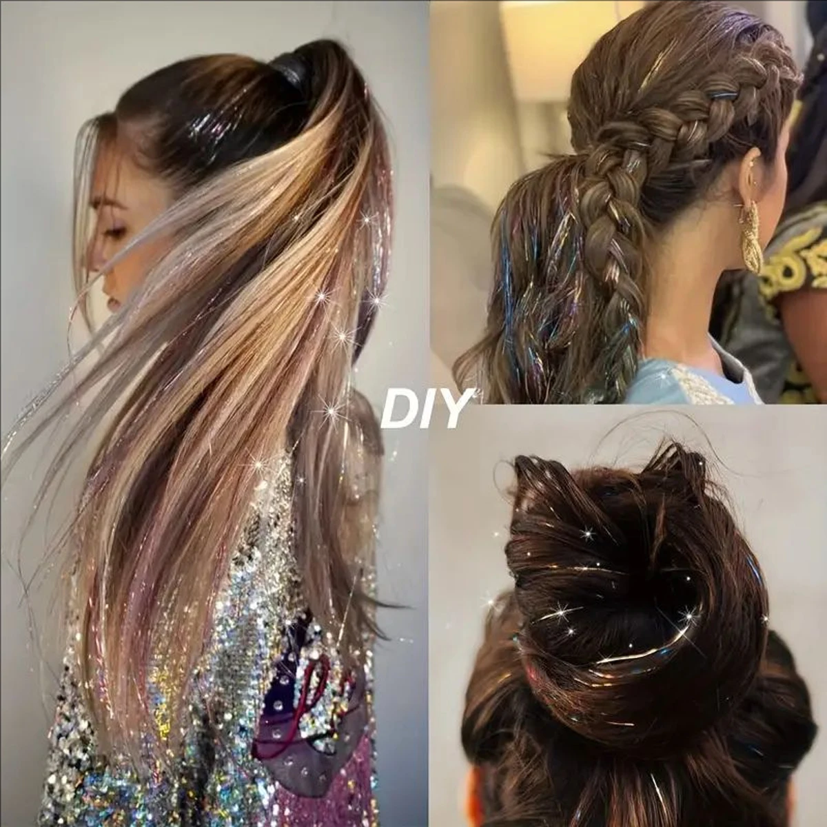 12個入り合成ヘアティンセルクリップ、20インチグリッターティンセルヘアクリップ、耐熱性シャイニースパークルフェアリーヘアティンセルキット