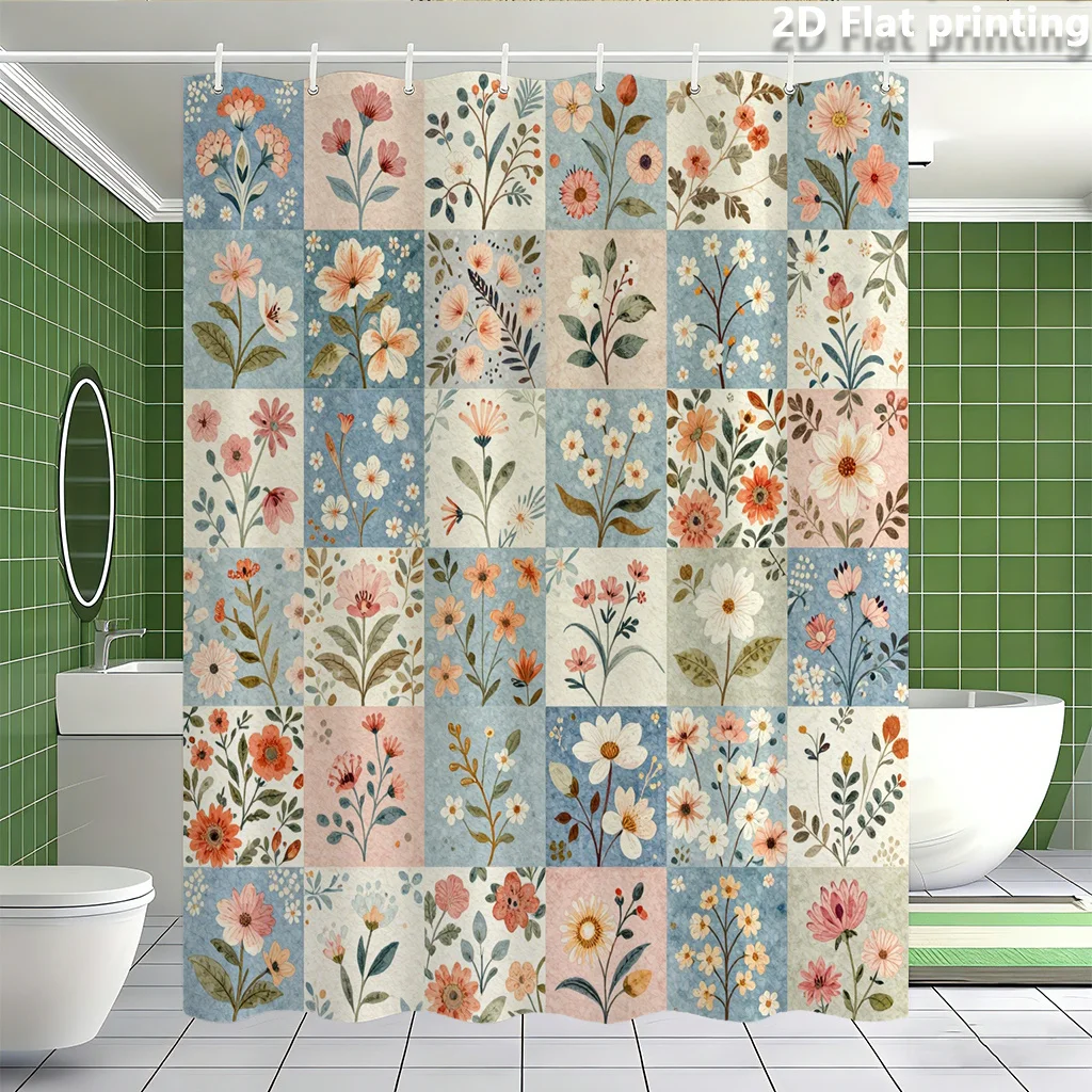 シャワーカーテン-71x71インチ-花柄パッチワーク-–-水彩画の花柄、ソフトピンク、ブルー、クリーム色、防水ポリエステル、グロメットトップ