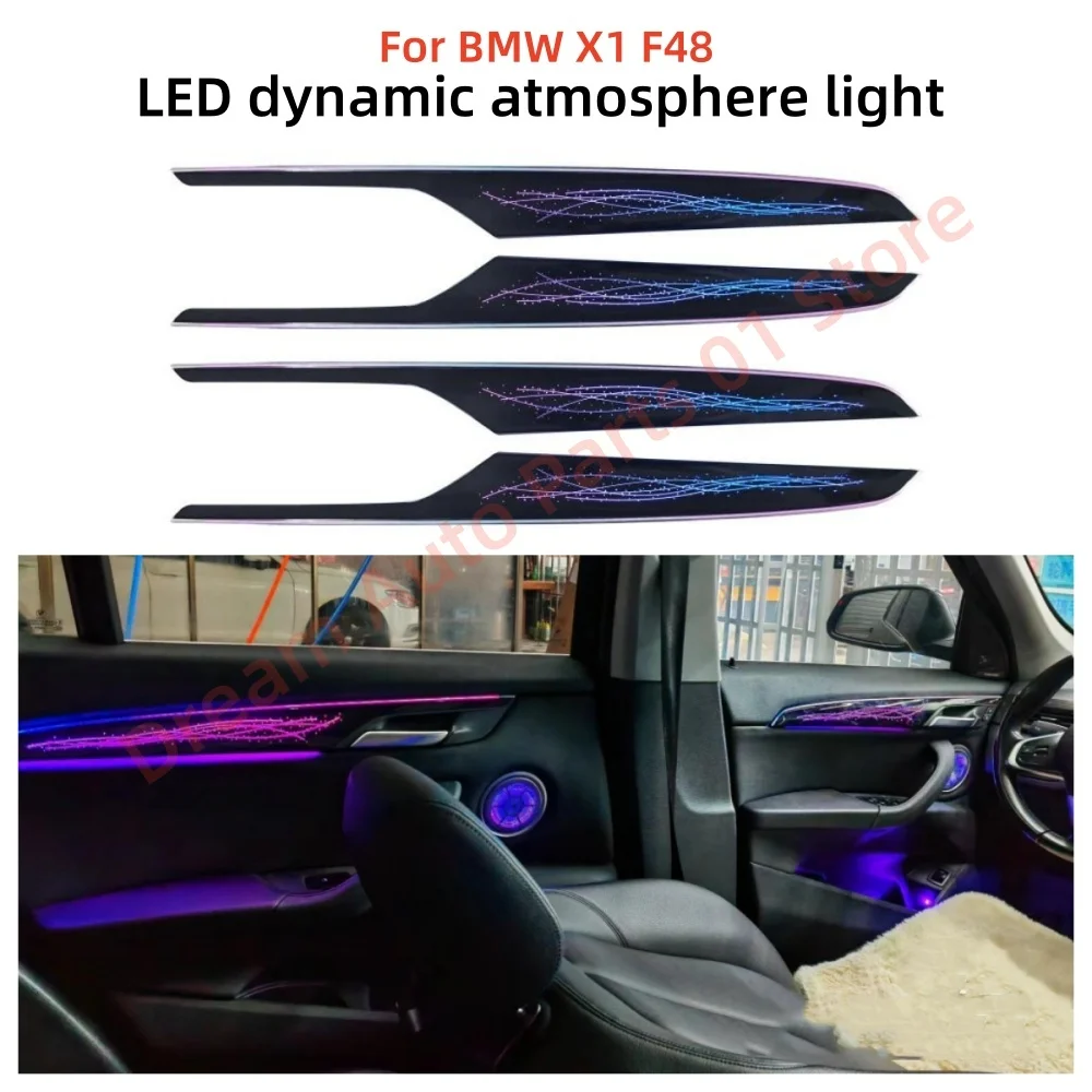 

64-цветная атмосферная лампа для BMW X1 F48, динамическое окружающее освещение, автомобильные аксессуары, светящаяся накладка, обновление внутреннего освещения автомобиля